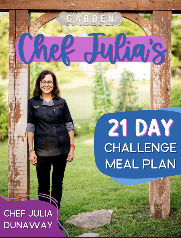 A downloadable PDF meal plan guide by Chef Julia, featuring whole food, plant-based, and oil-free meals for a 21-day health challenge.